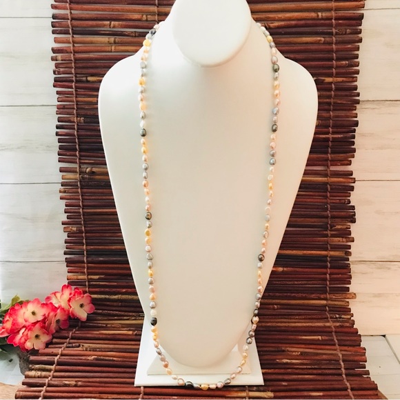 Honora Cream & Grey Long Pearl Necklace .925 Sterling Silver clasp 36” - Picture 1 of 12